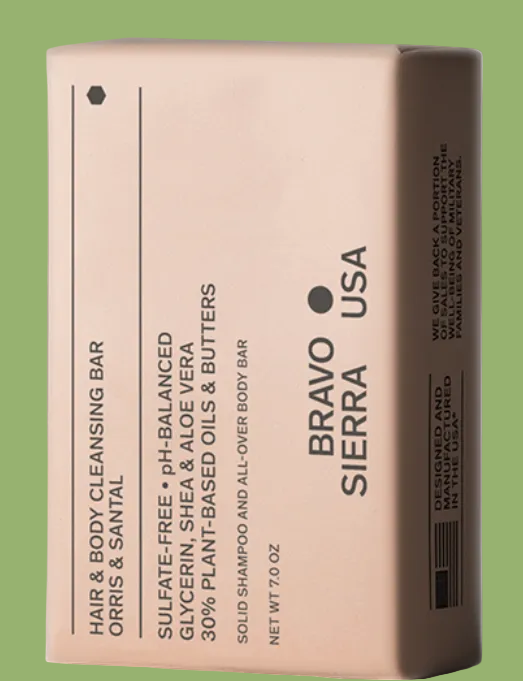 Bar of soap with 'Bravo Sierra USA' branding on a light gray background