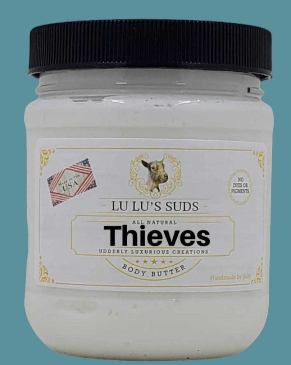 Jar of Lu Lu's Suds Thieves body butter on a white background