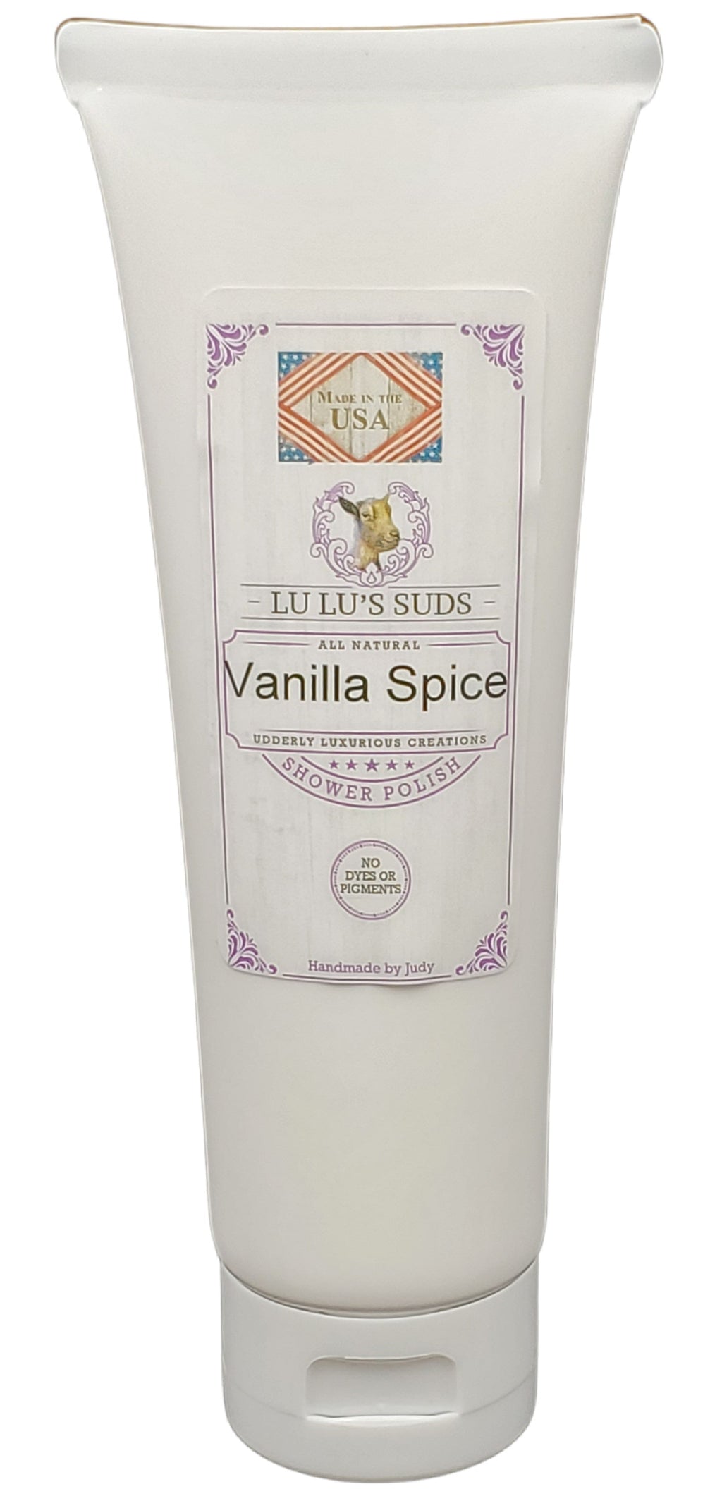 Tube of Lulu's Suds Vanilla Spice body wash on a white background