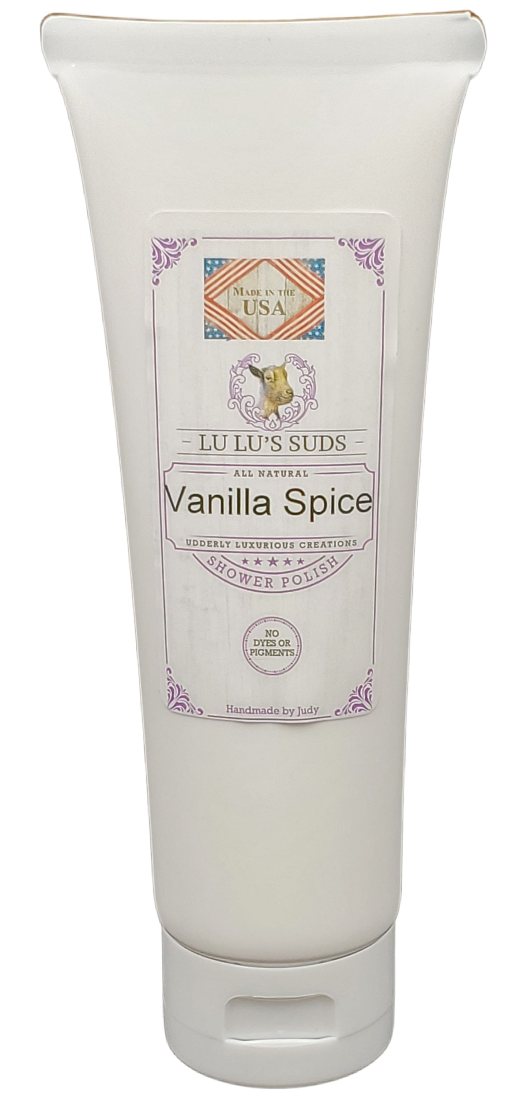 Tube of Lulu's Suds Vanilla Spice body wash on a white background