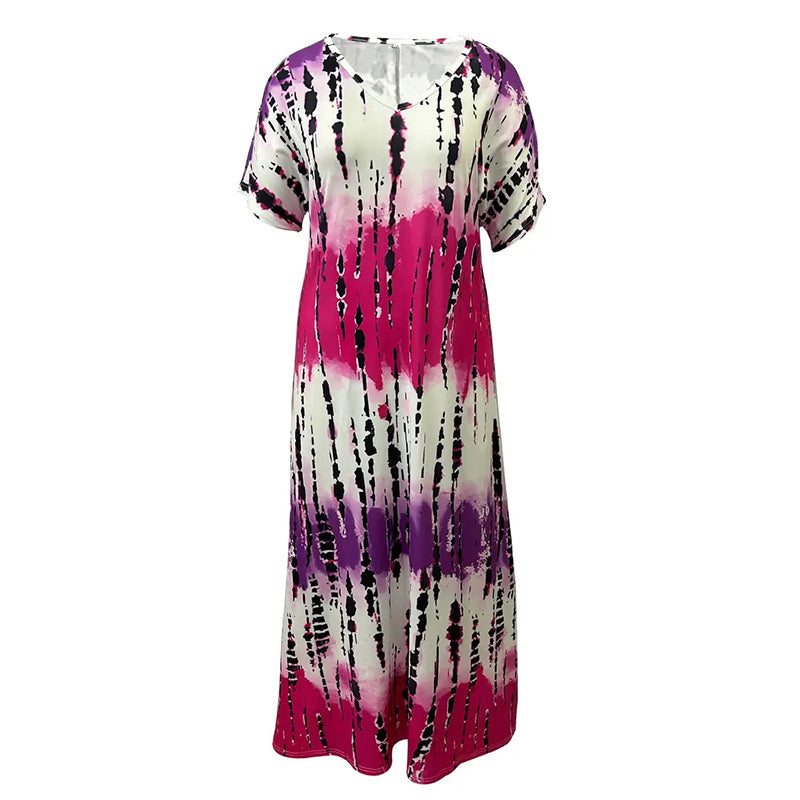Women's Summer Tie Dye Short Sleeve V-neck Casual Loose Maxi Dress