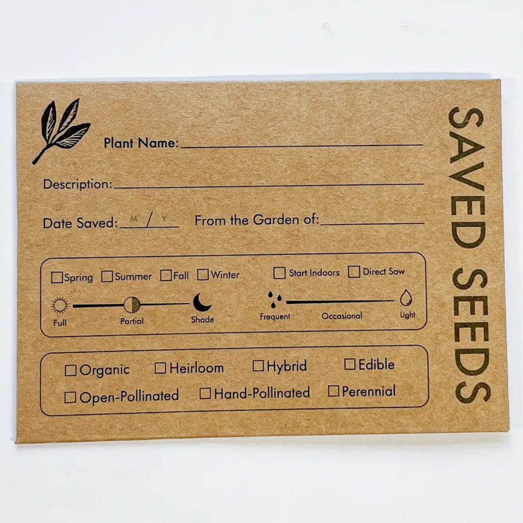 Kraft paper seed saving envelope with printed fields on a white background