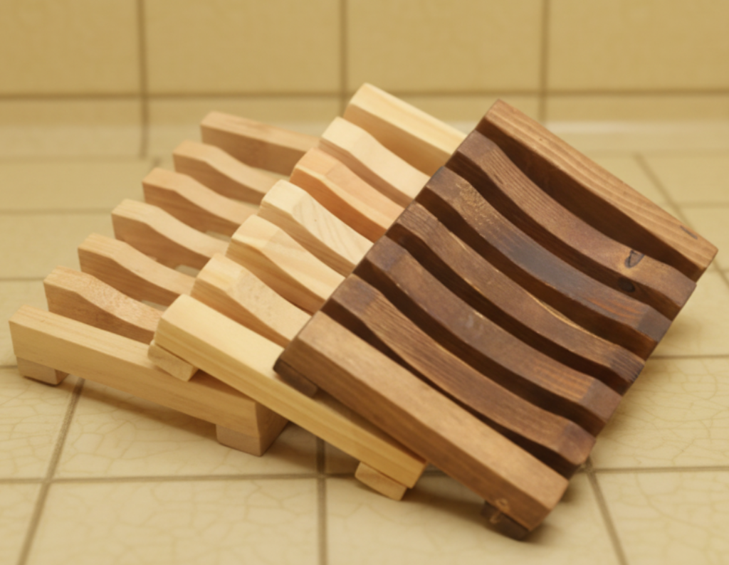 Set of wooden coasters with a striped pattern on a white background