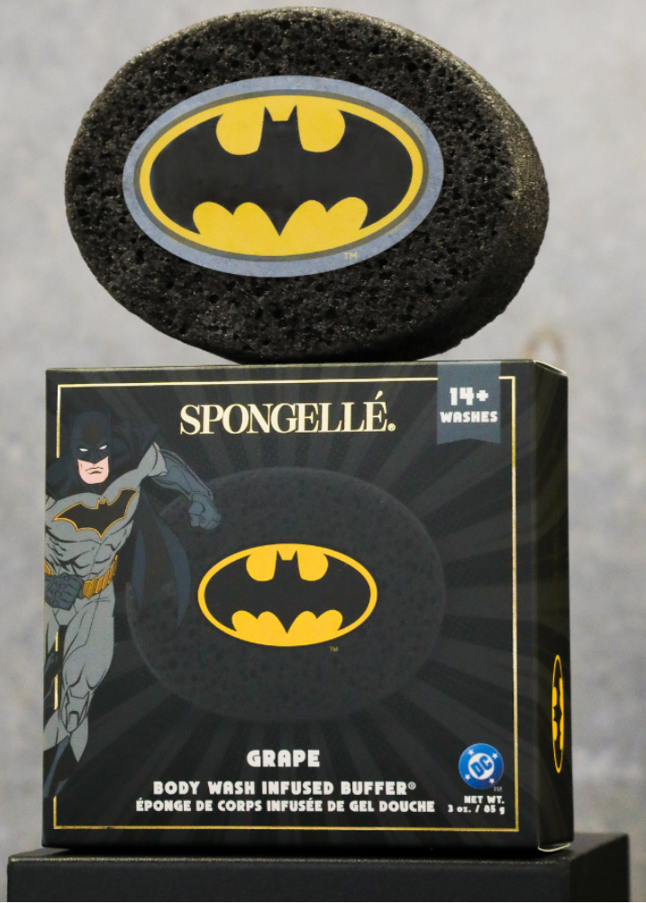 Spongellé product with Batman logo on a gray background