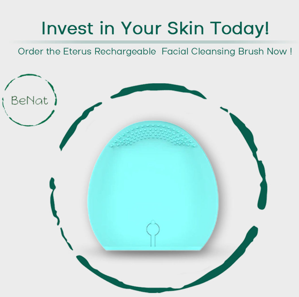 Turquoise facial cleansing brush with promotional text on a white background