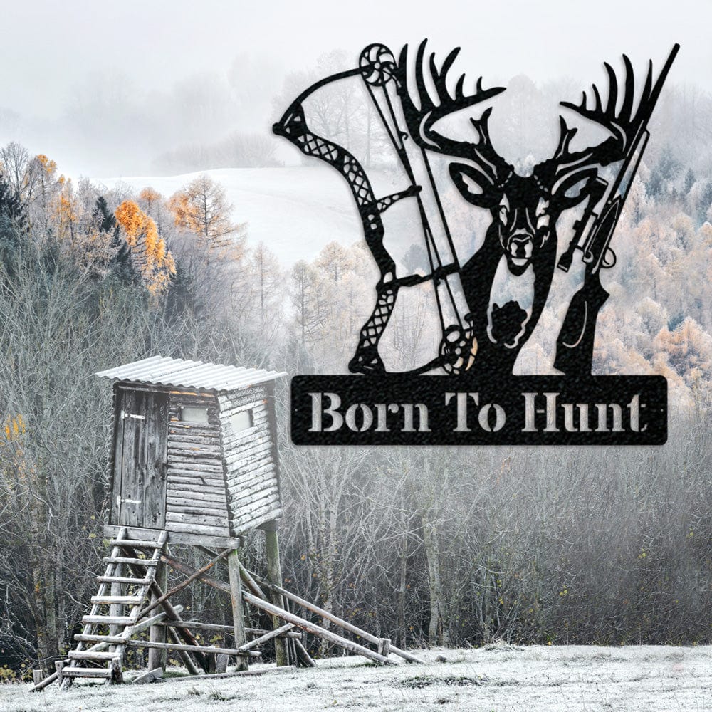Metal Hunting Sign - Rustic Born to Hunt Monogram With Buck Silhouette