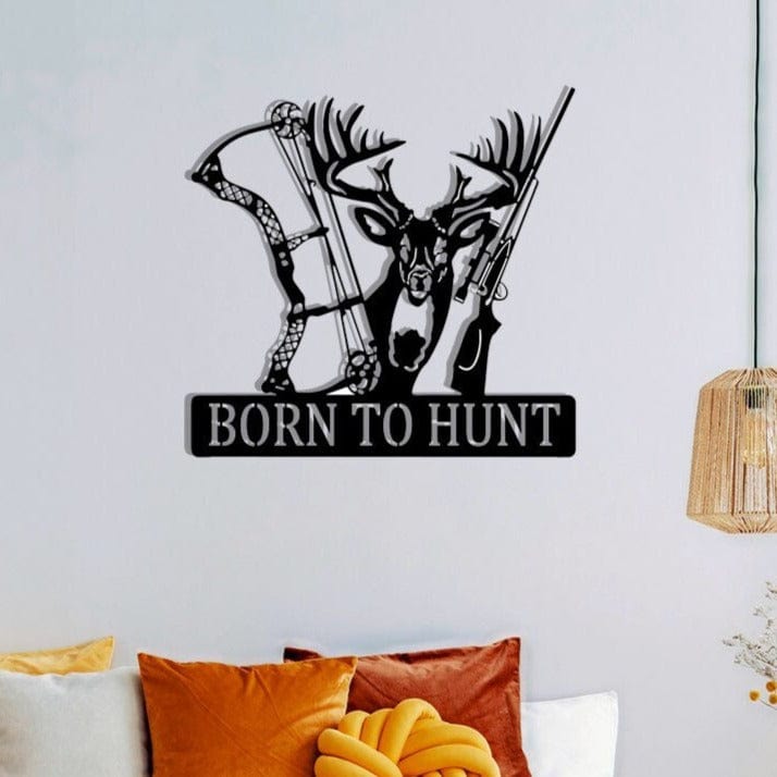 Metal Hunting Sign - Rustic Born to Hunt Monogram With Buck Silhouette