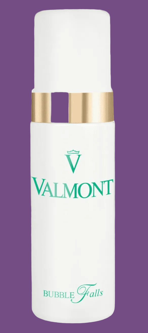 Valmont skincare bottle with gold cap on a white background