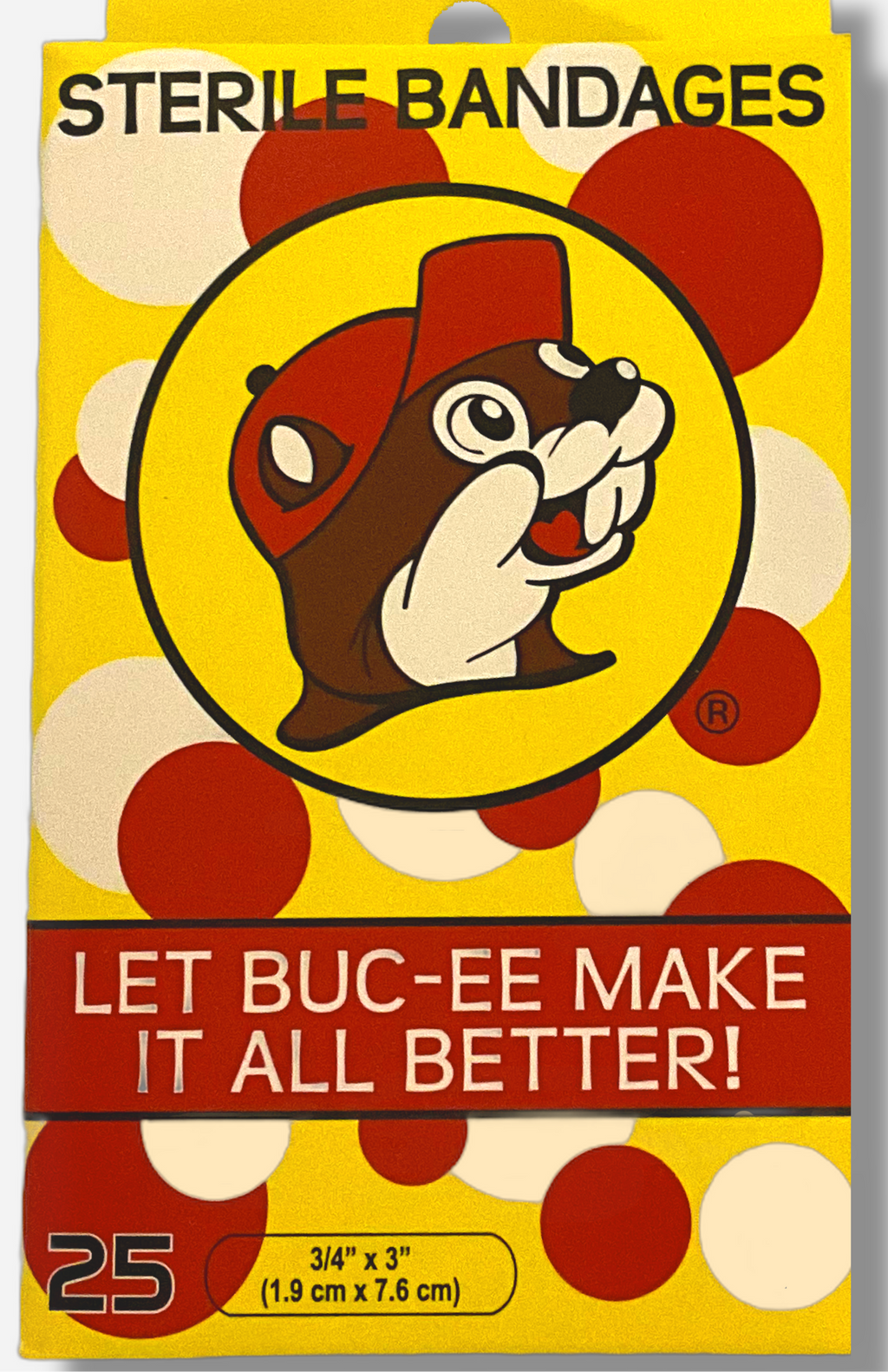 Pack of sterile bandages with a cartoon character on a yellow background