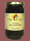 Jar of candied jalapeños with a gold label on a white background