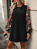 Black Round Neck Shear Floral Long Sleeve Short Dress for Women