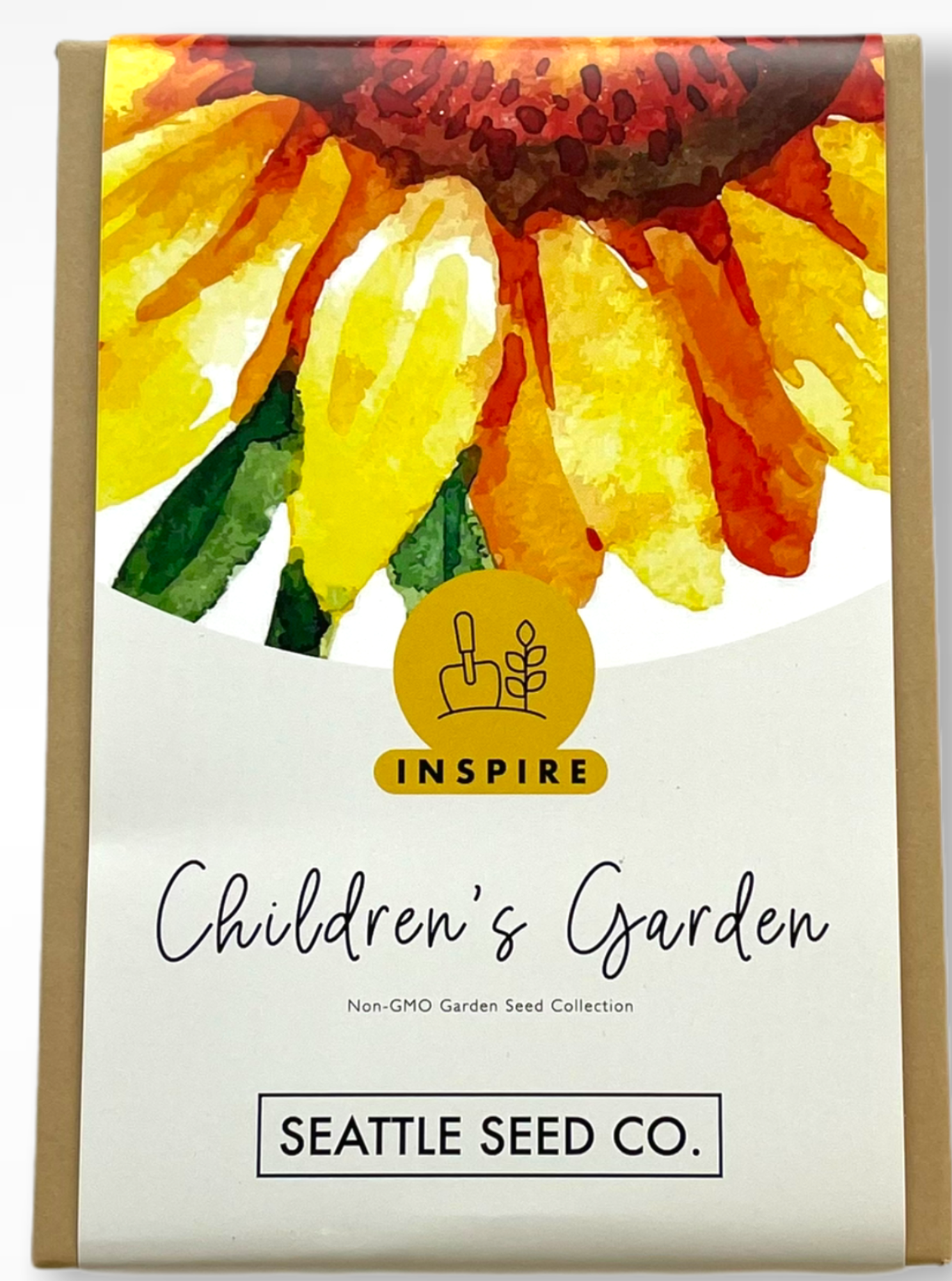 Seattle Seed Co. children's garden seed packet with sunflower illustration on a white background
