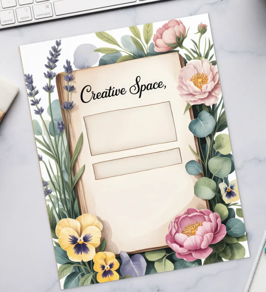 Floral-themed planner sheet on a desk with a keyboard, coffee, and stationery.