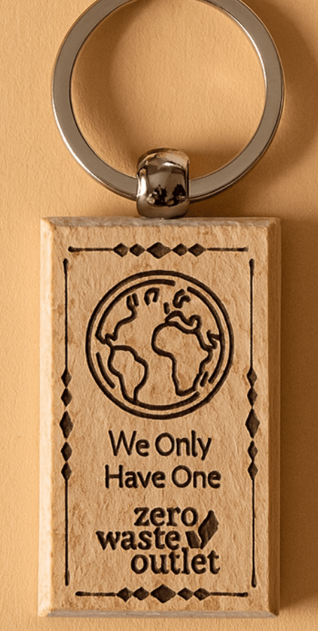 Wooden keychain with Earth symbol and text on a beige background