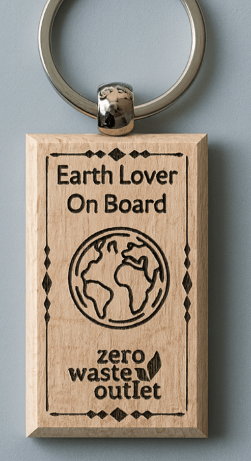 Wooden keychain with 'Earth Lover On Board' text and 'zero waste outlet' logo on a gray background