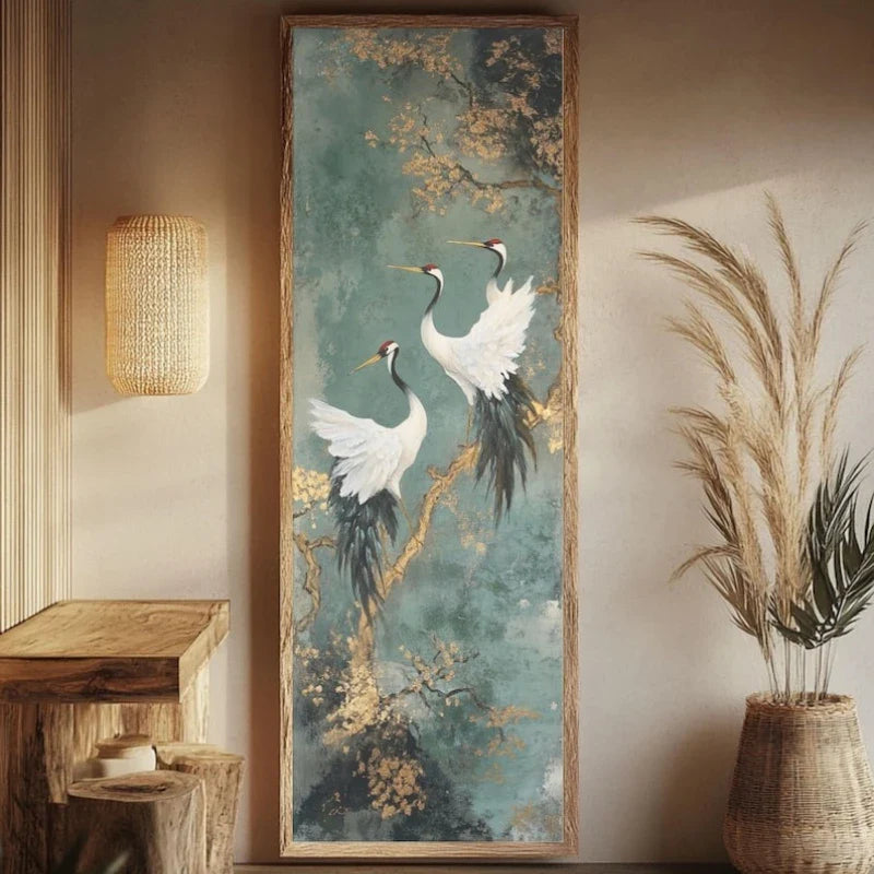 Japanese Style Golden Crane Decorative Poster, Luxury Canvas Painting Vertical Frameless Mural for Entrance Hallway