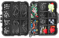 Fishing tackle box with various fishing accessories on a white background