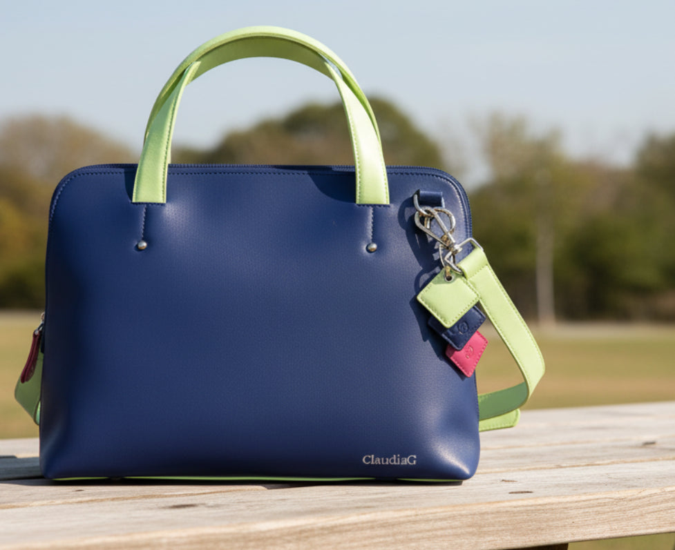Blue handbag with green handles and strap on a white background