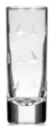 Clear glass with geometric etching on a white background