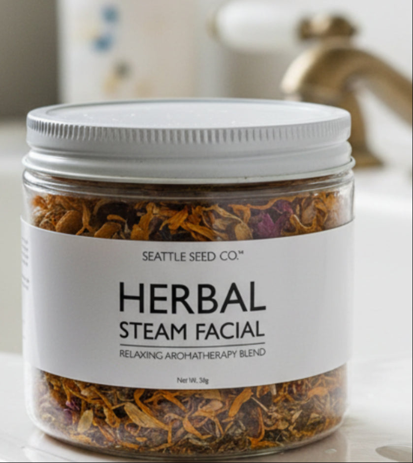 Jar of Seattle Seed Co. Herbal Steam Facial blend on a white background