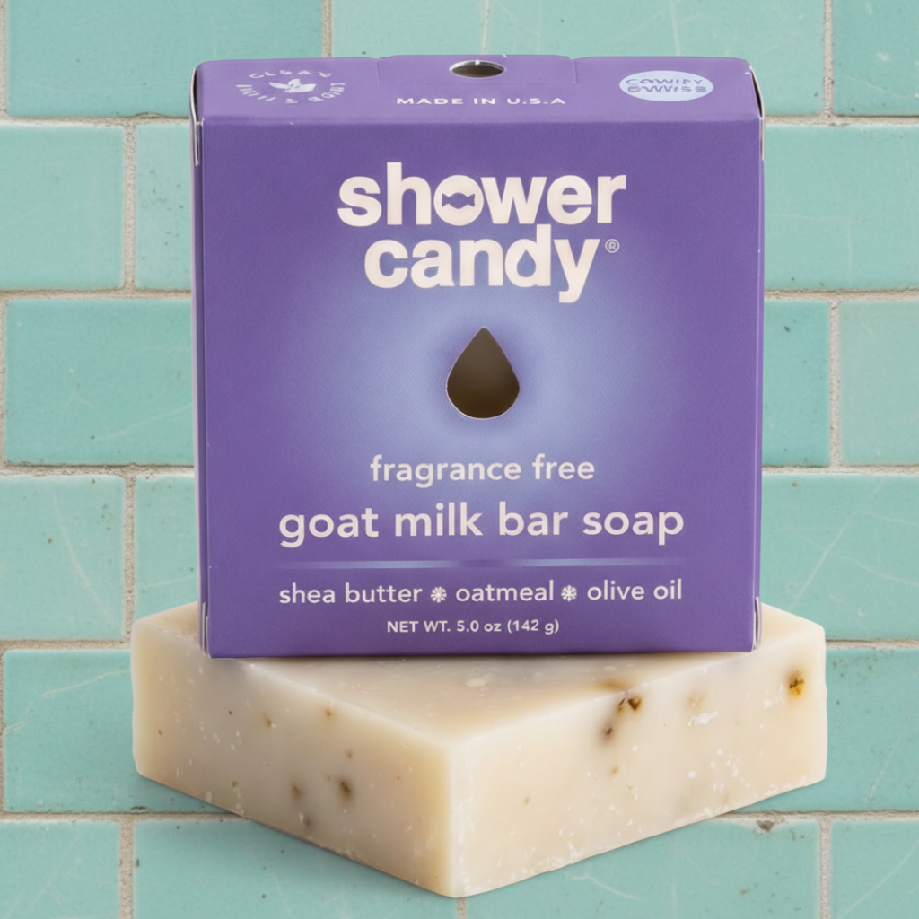 Shower Candy goat milk bar soap on a white background