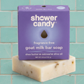 Shower Candy goat milk bar soap on a white background