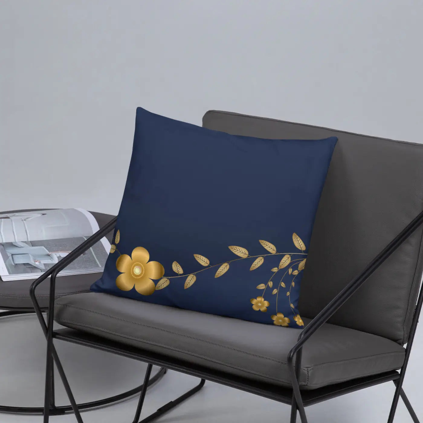 Navy Blue Basic Pillow – Golden Flower Polyester - Dipaliz