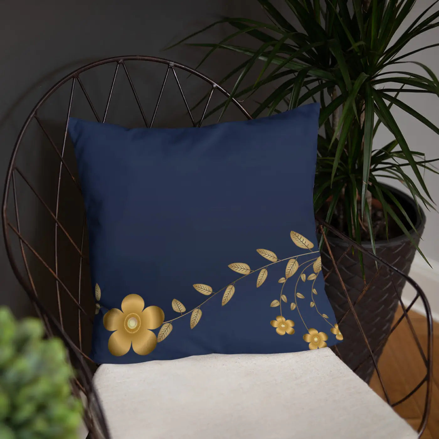 Navy Blue Basic Pillow – Golden Flower Polyester - Dipaliz