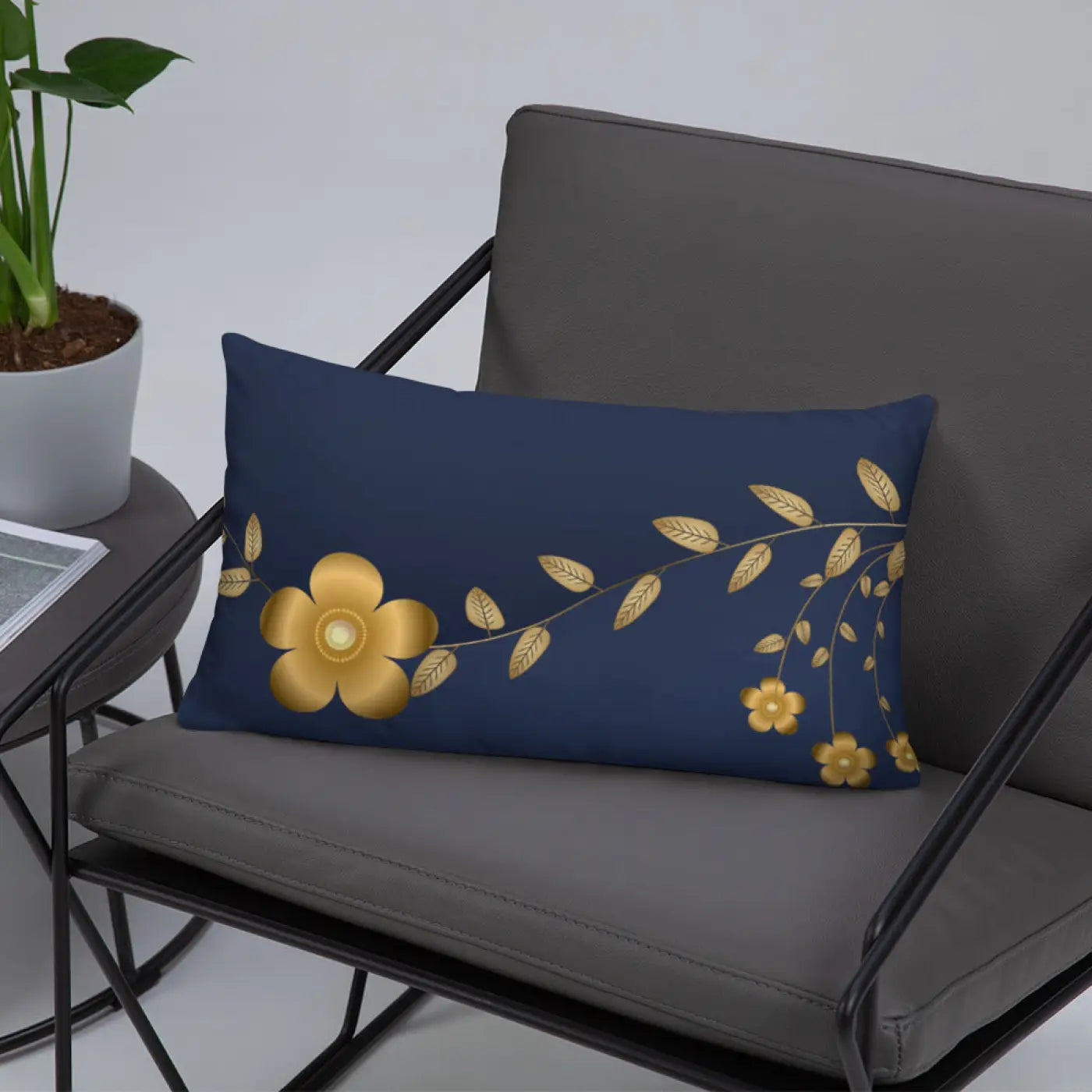Navy Blue Basic Pillow – Golden Flower Polyester - Dipaliz