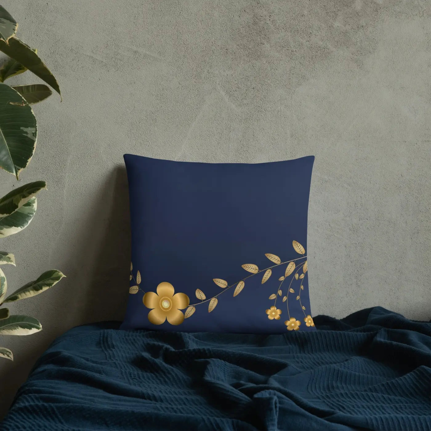 Navy Blue Basic Pillow – Golden Flower Polyester - Dipaliz