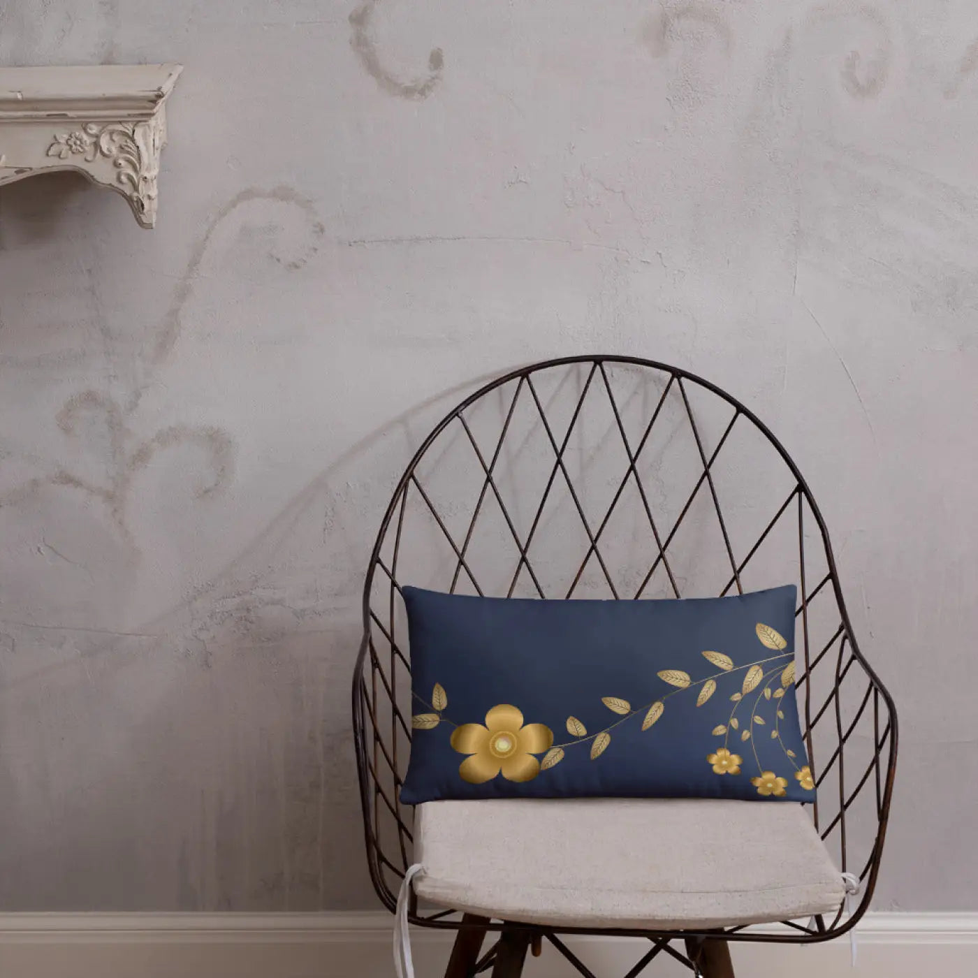 Navy Blue Basic Pillow – Golden Flower Polyester - Dipaliz