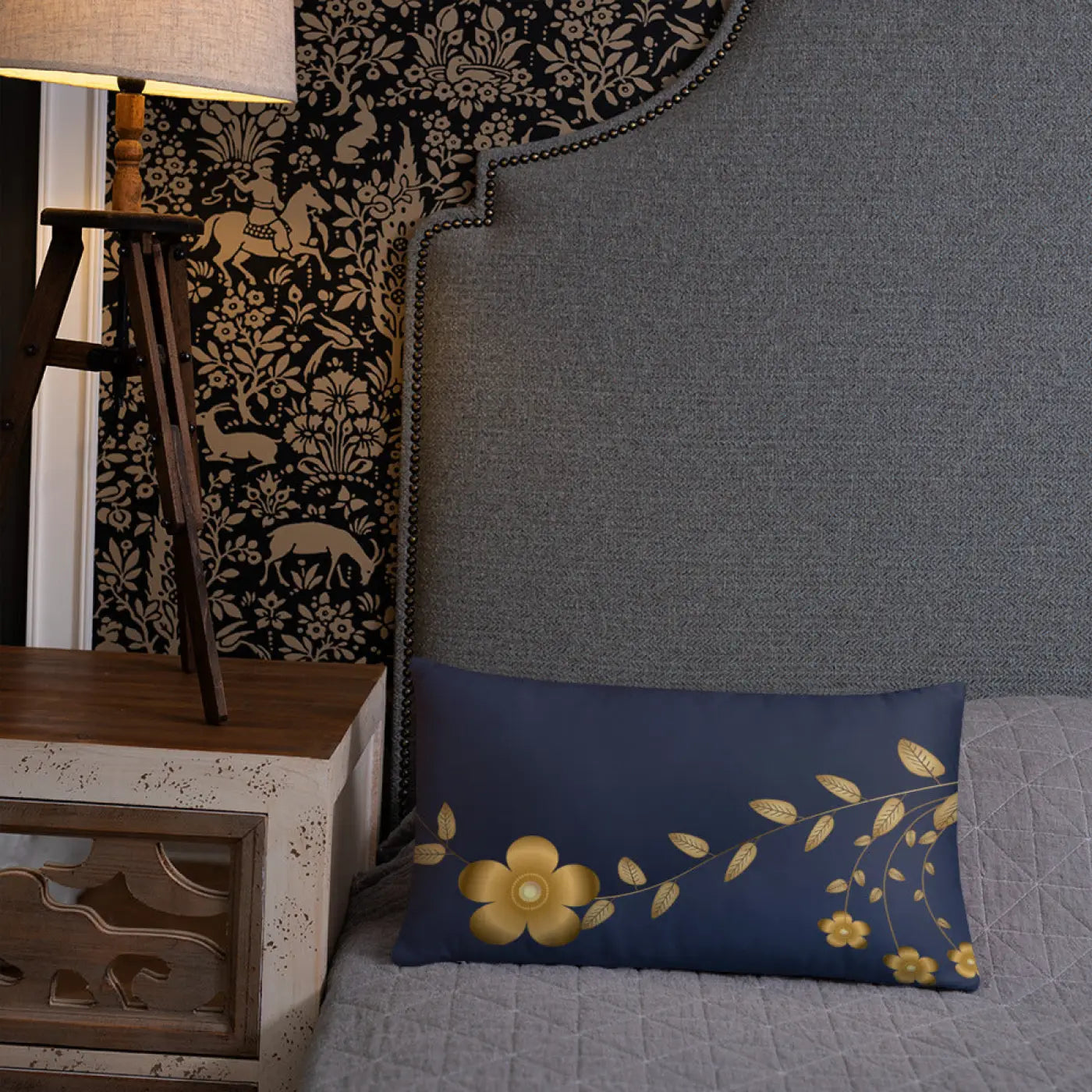 Navy Blue Basic Pillow – Golden Flower Polyester - Dipaliz