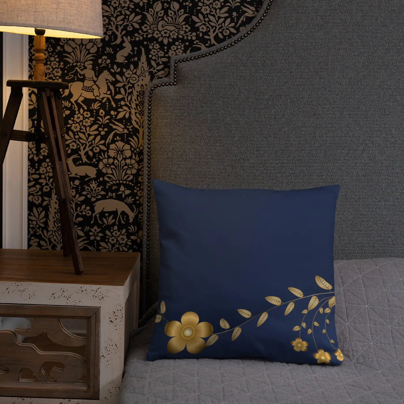 Navy Blue Basic Pillow – Golden Flower Polyester - Dipaliz