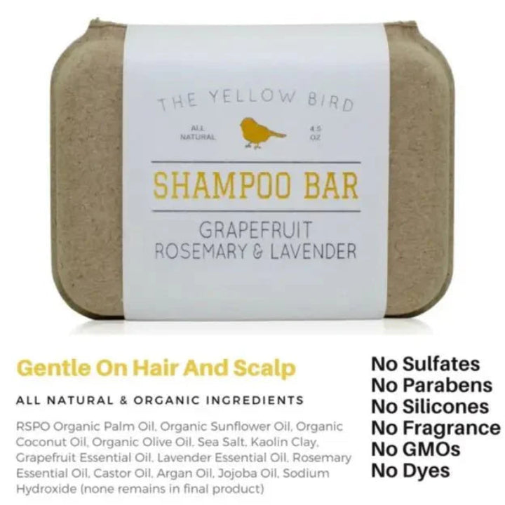 Shampoo bar with 'The Yellow Bird' branding on a white background