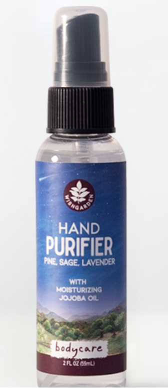 Hand purifier spray bottle with a blue label on a white background
