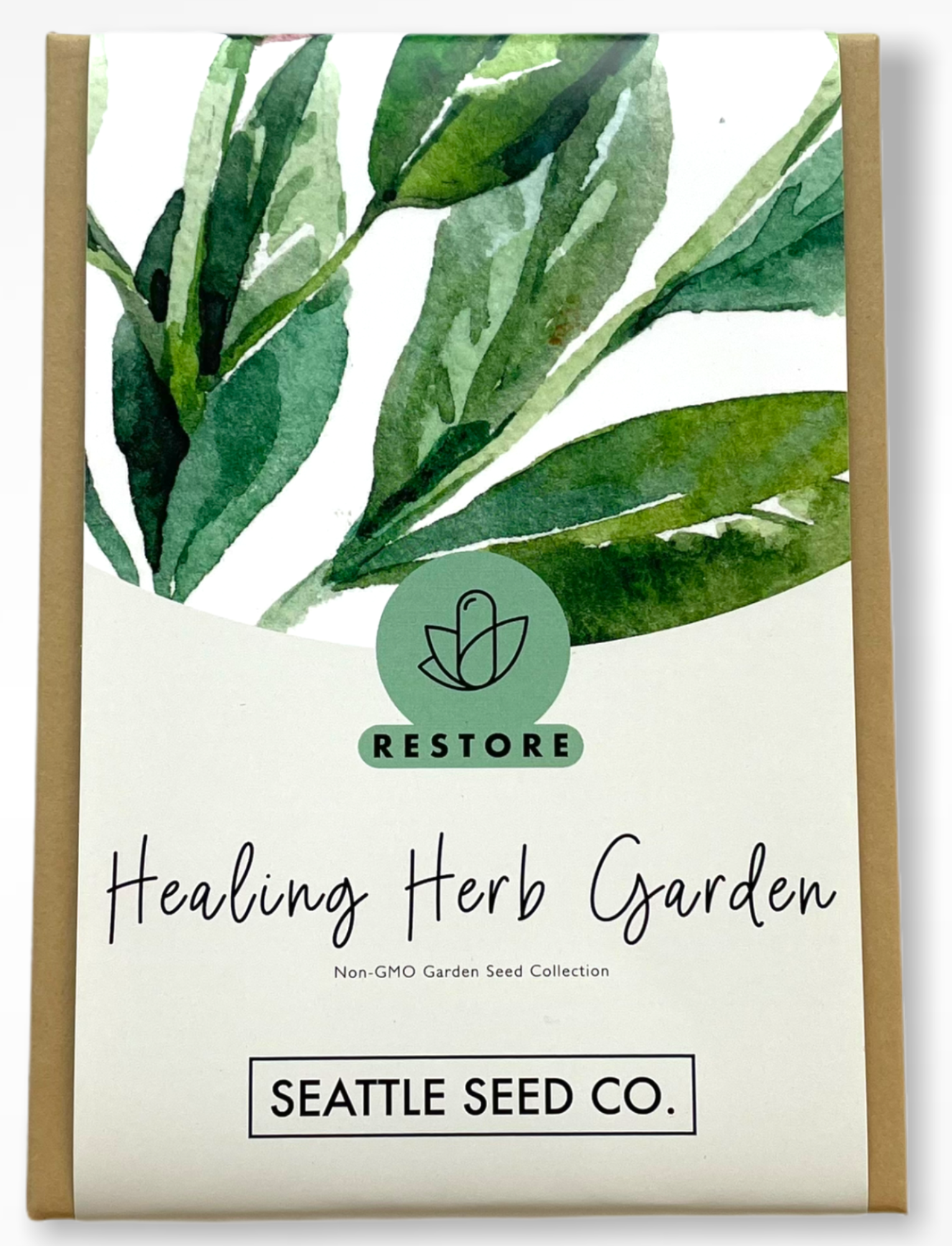 Seattle Seed Co. Healing Herb Garden packaging with green leaves on a white background