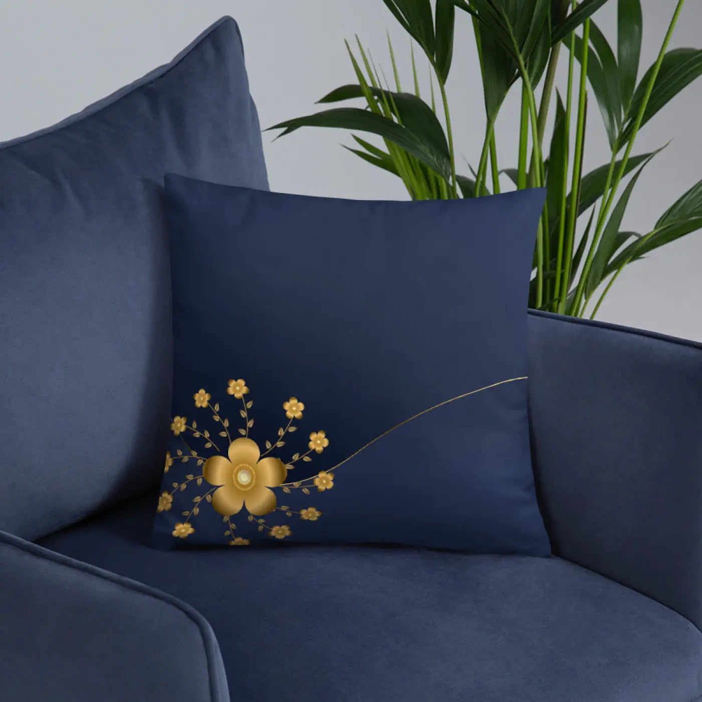 Gold Floral Navy Blue Throw Pillow – 18x18 - Dipaliz