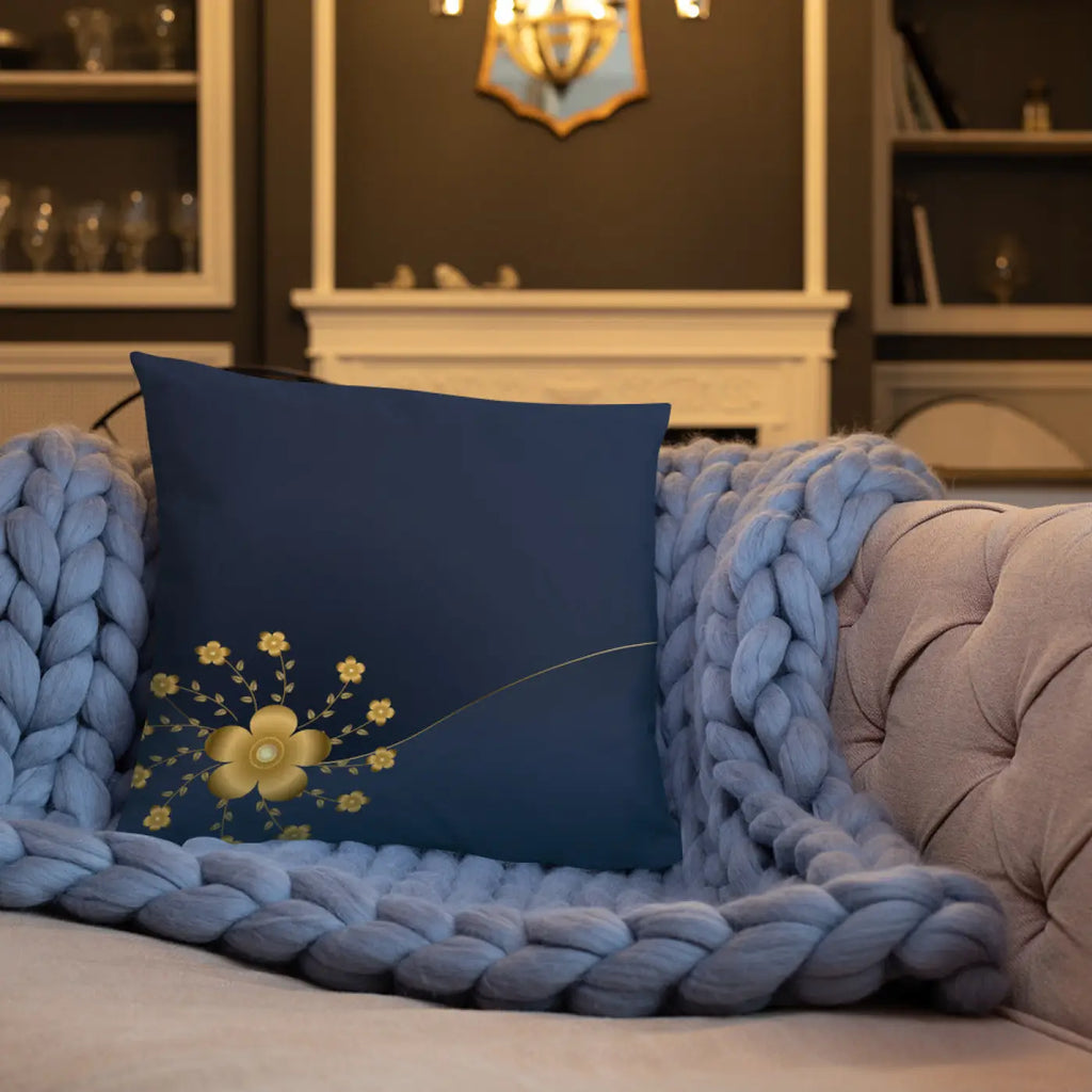 Gold Floral Navy Blue Throw Pillow – 18x18 - Dipaliz