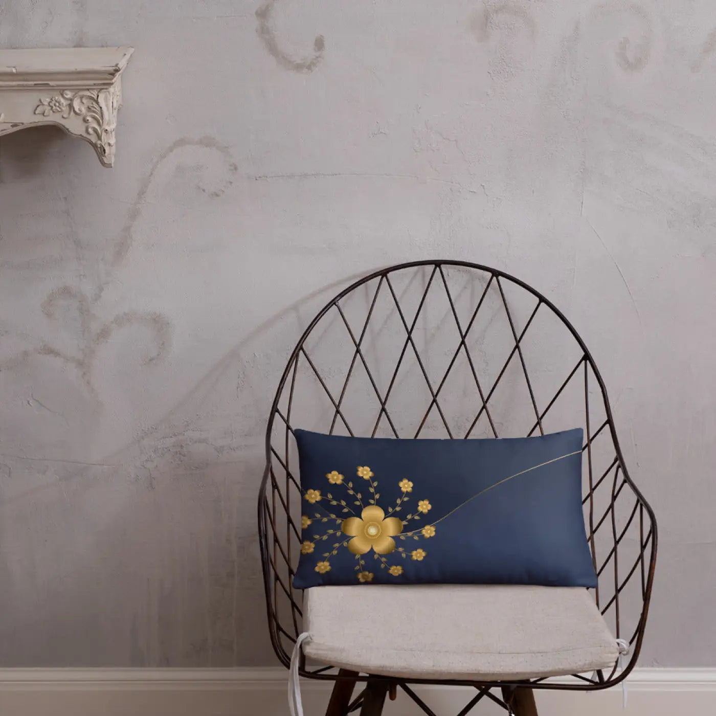 Gold Floral Navy Blue Throw Pillow – 18x18 - Dipaliz