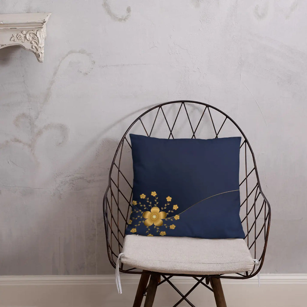 Gold Floral Navy Blue Throw Pillow – 18x18 - Dipaliz