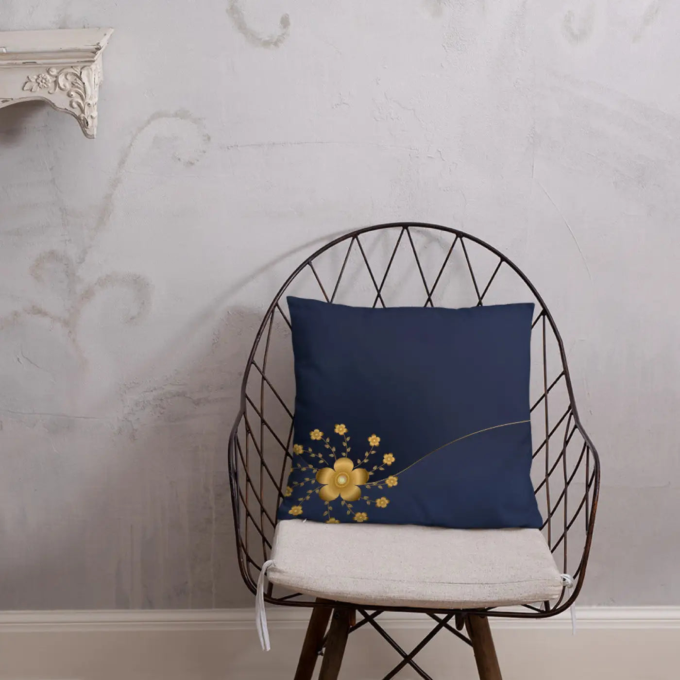 Gold Floral Navy Blue Throw Pillow – 18x18 - Dipaliz