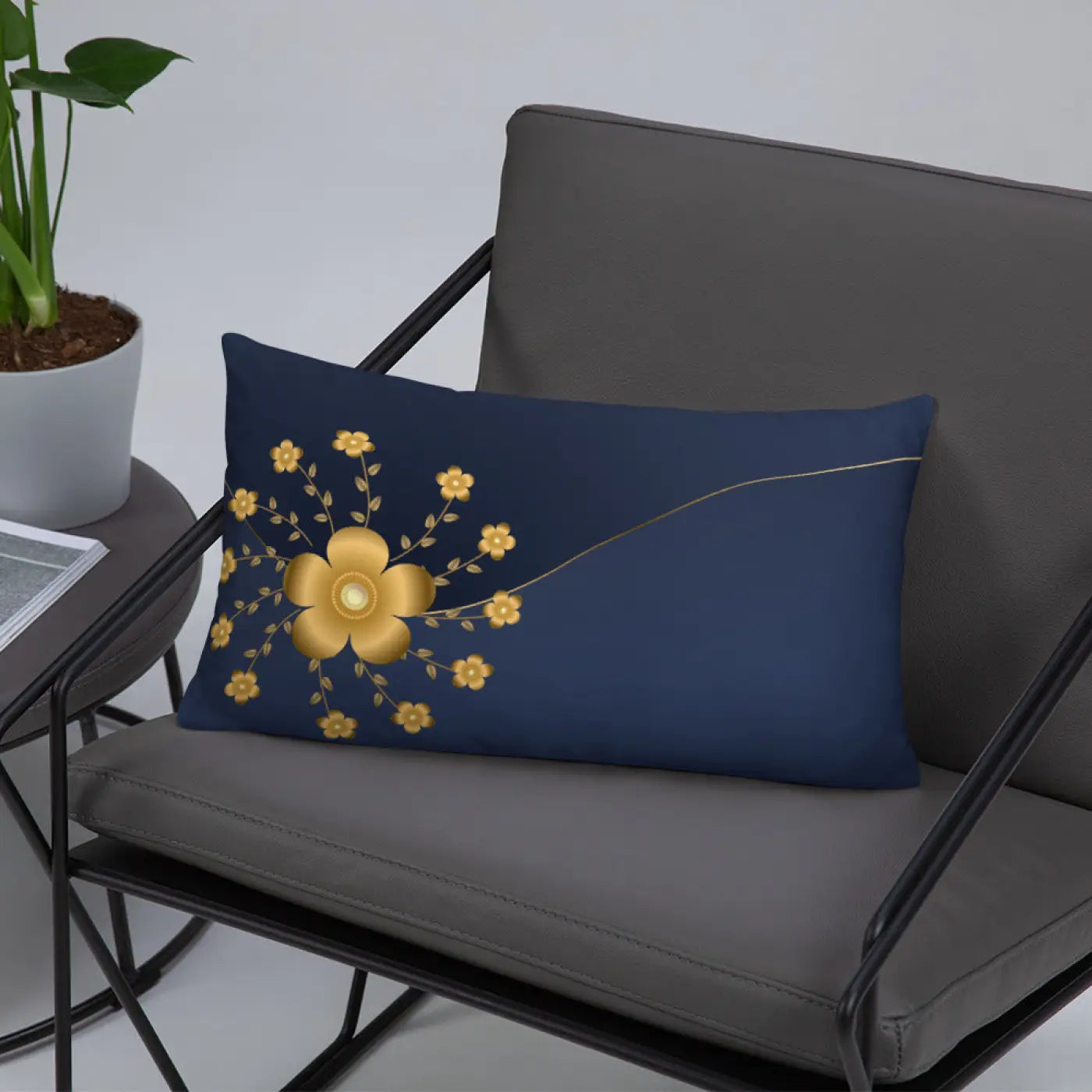 Gold Floral Navy Blue Throw Pillow – 18x18 - Dipaliz