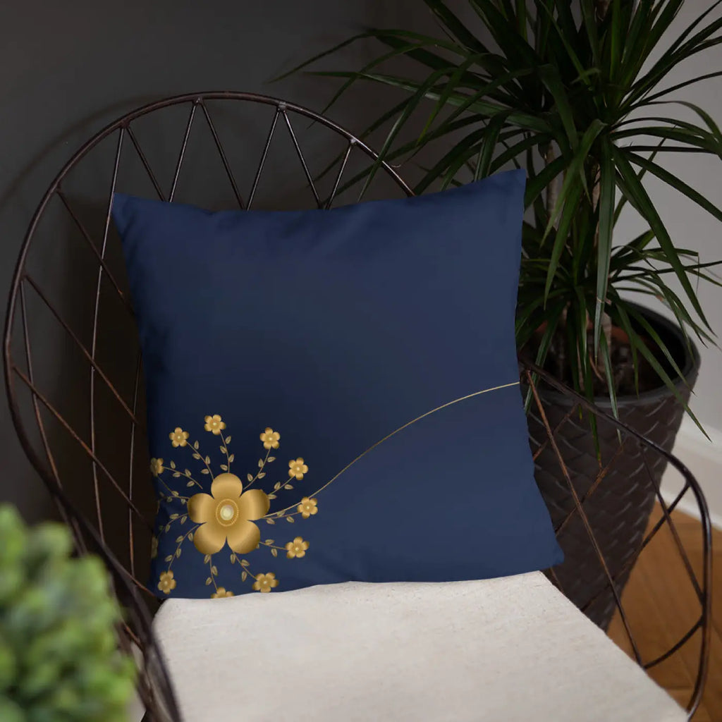 Gold Floral Navy Blue Throw Pillow – 18x18 - Dipaliz