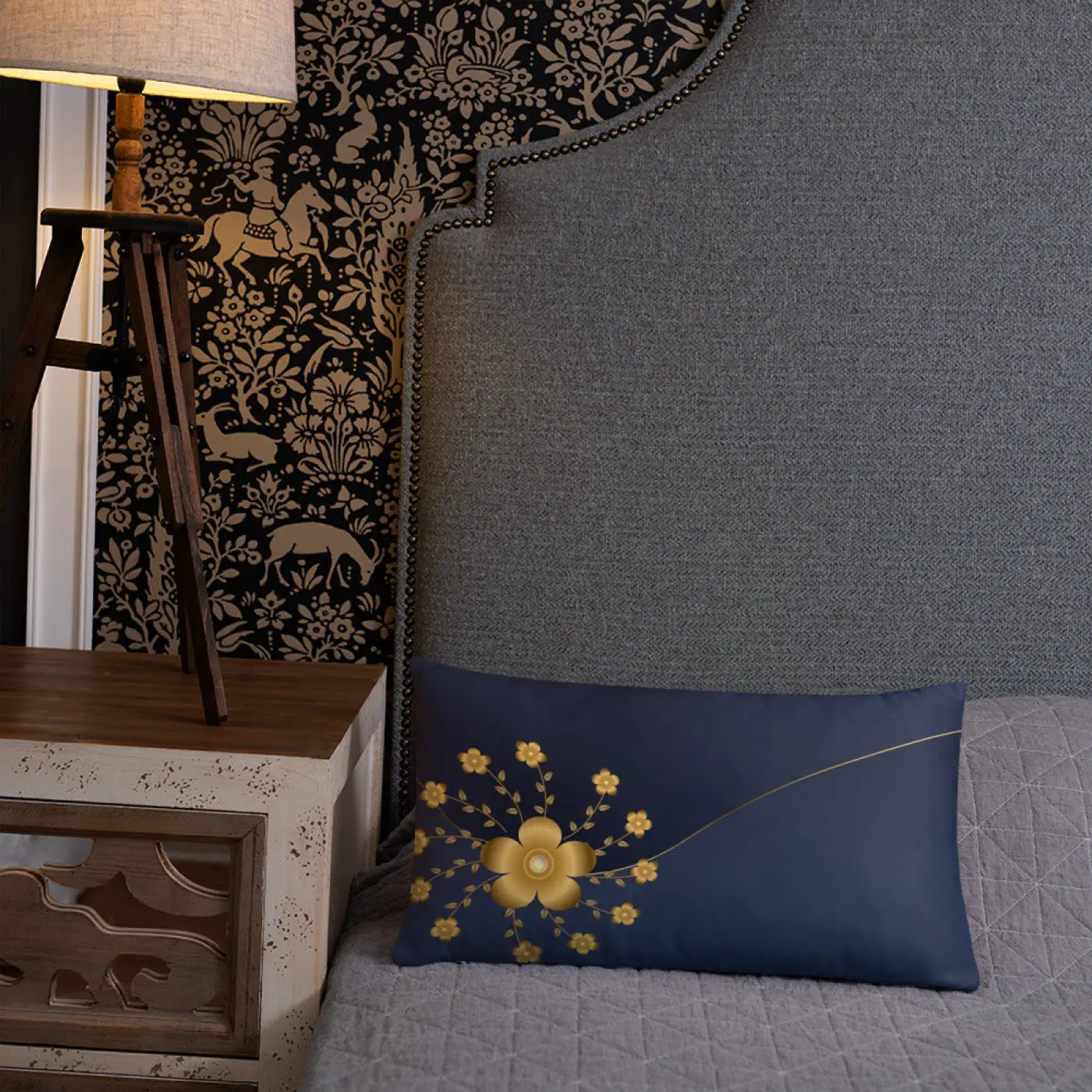 Gold Floral Navy Blue Throw Pillow – 18x18 - Dipaliz