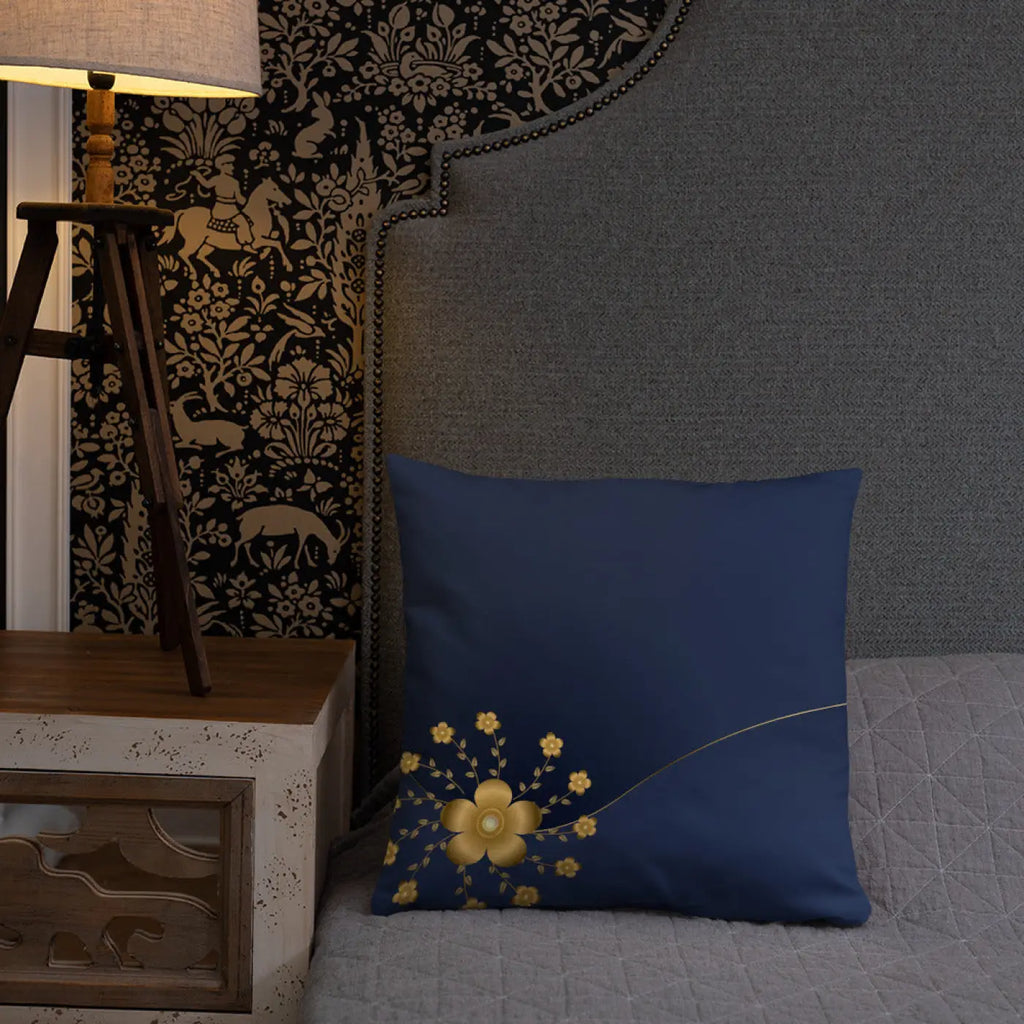 Gold Floral Navy Blue Throw Pillow – 18x18 - Dipaliz
