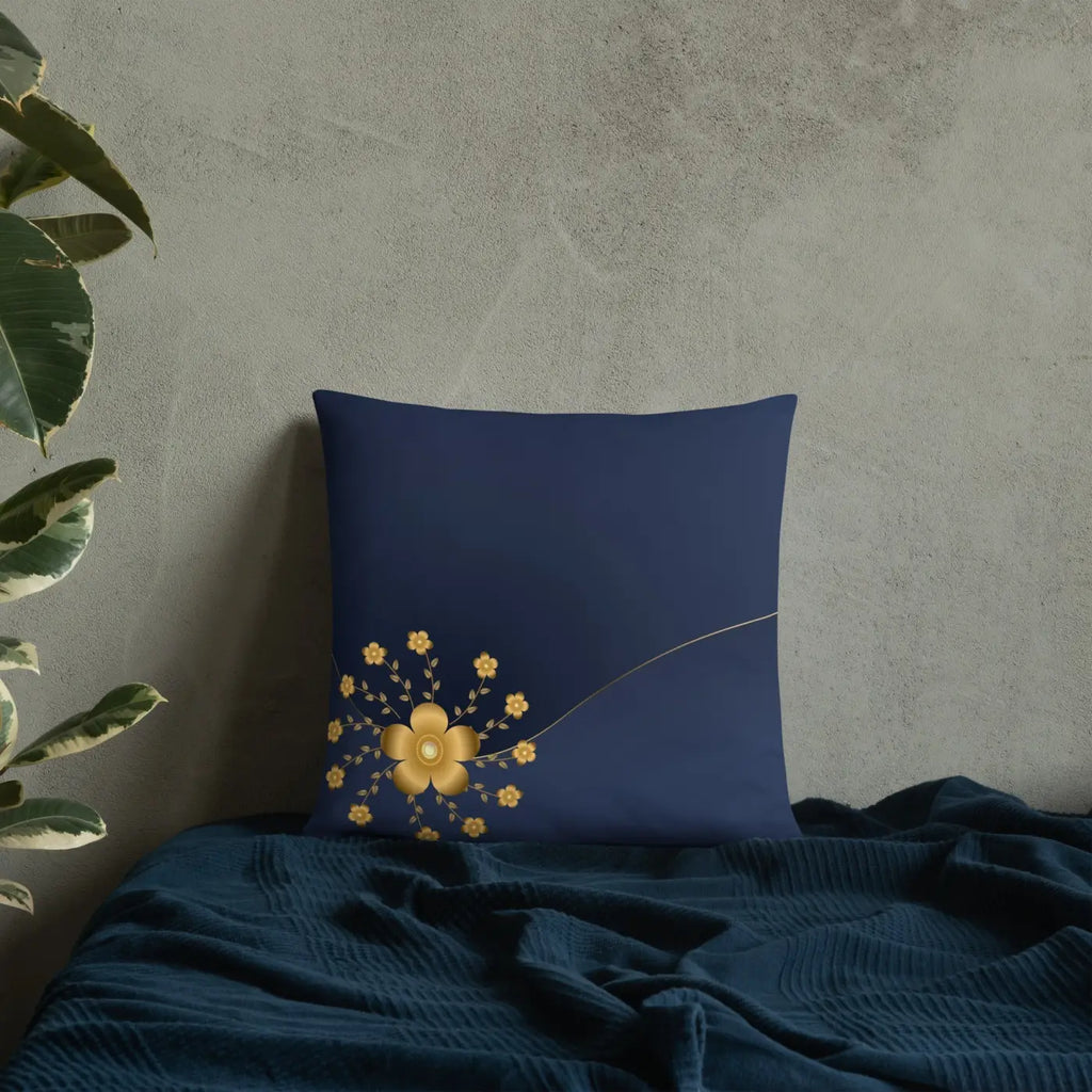 Gold Floral Navy Blue Throw Pillow – 18x18 - Dipaliz