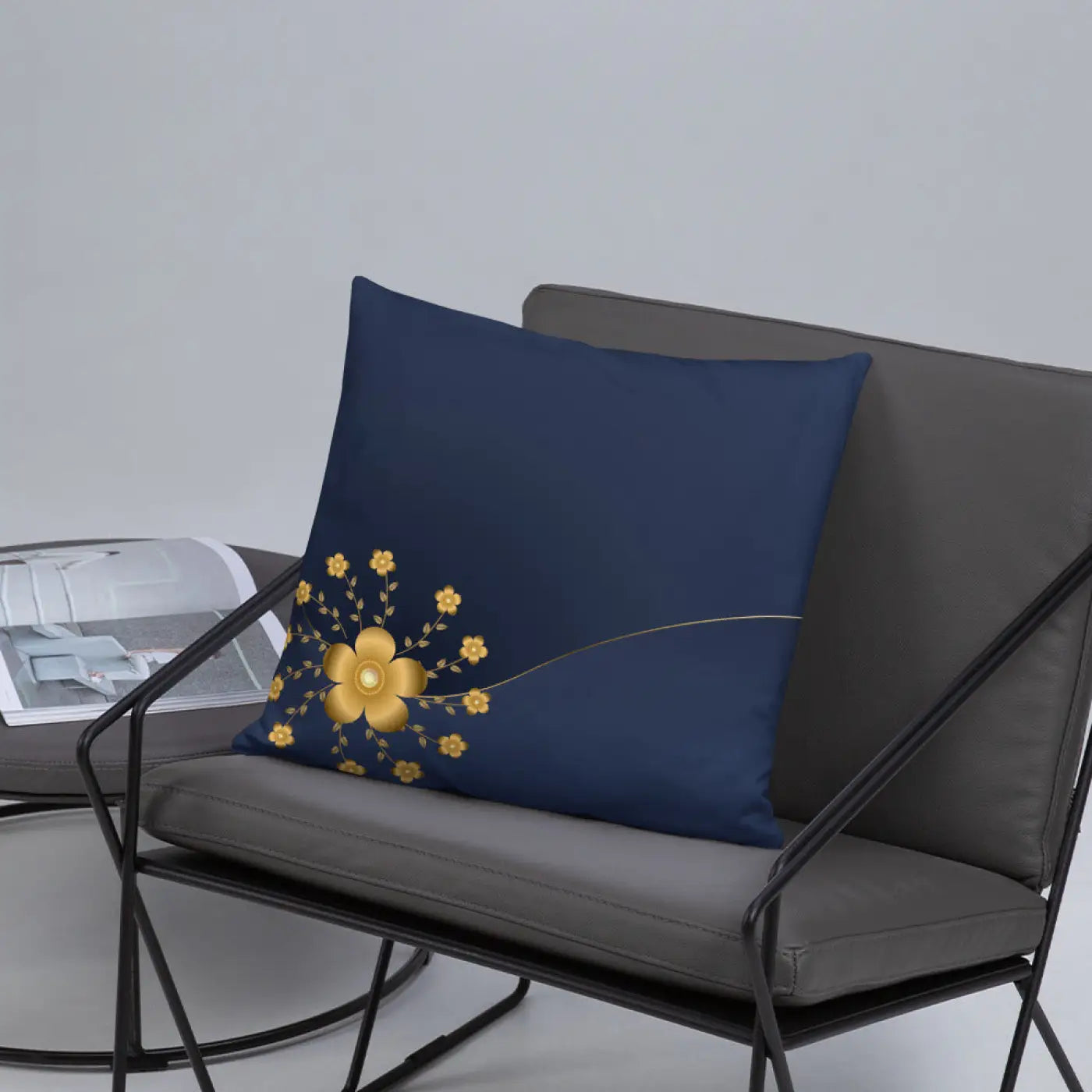Gold Floral Navy Blue Throw Pillow – 18x18 - Dipaliz