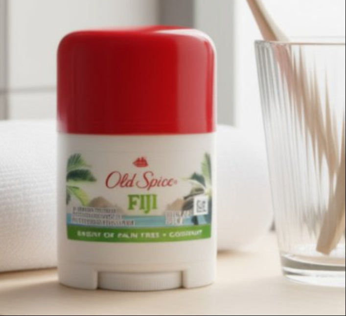 Red and white container on a bathroom shelf with a glass of toothbrushes and a towel.