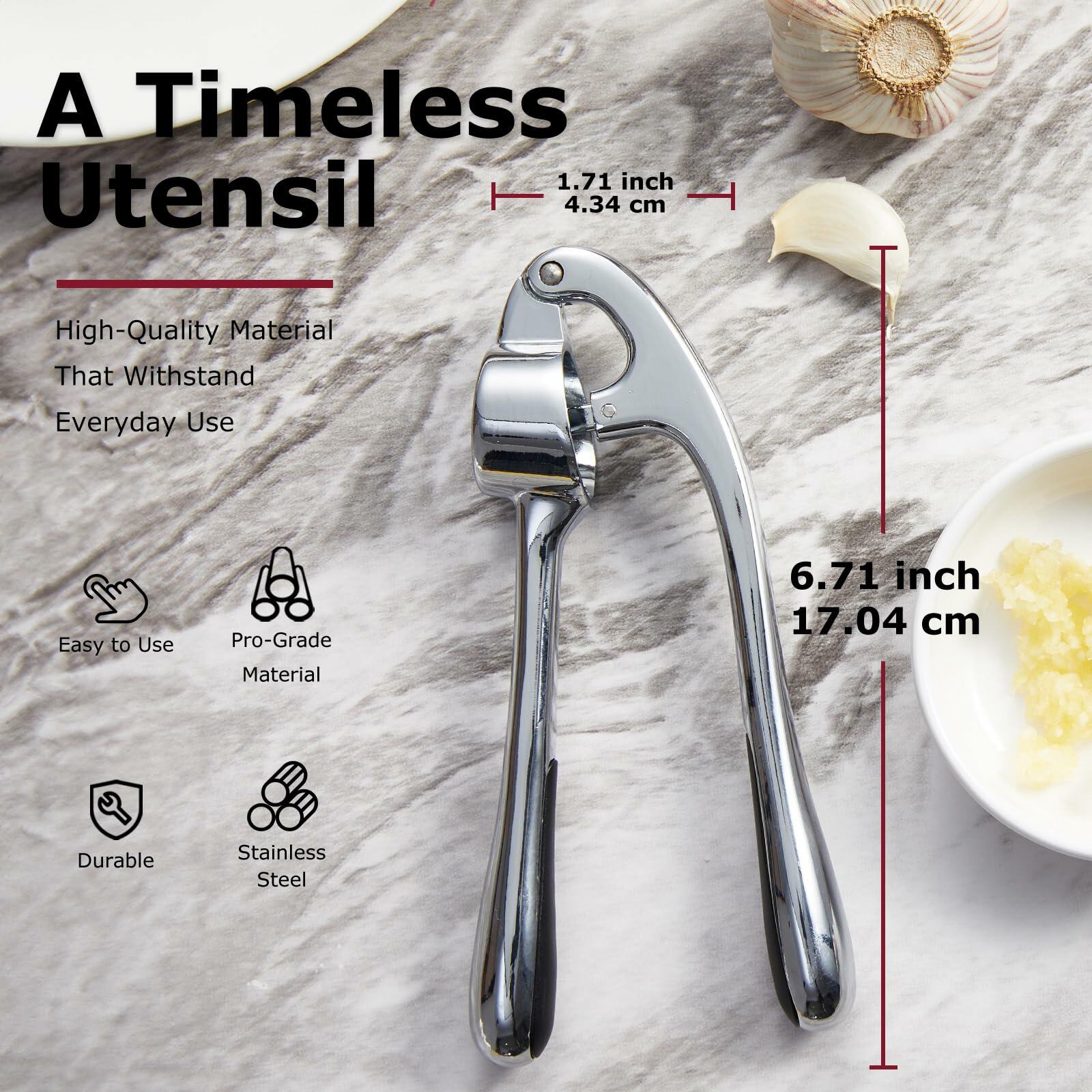 Kitessensu Garlic Press Set with Silicone Peeler & Brush, Gloss Silver