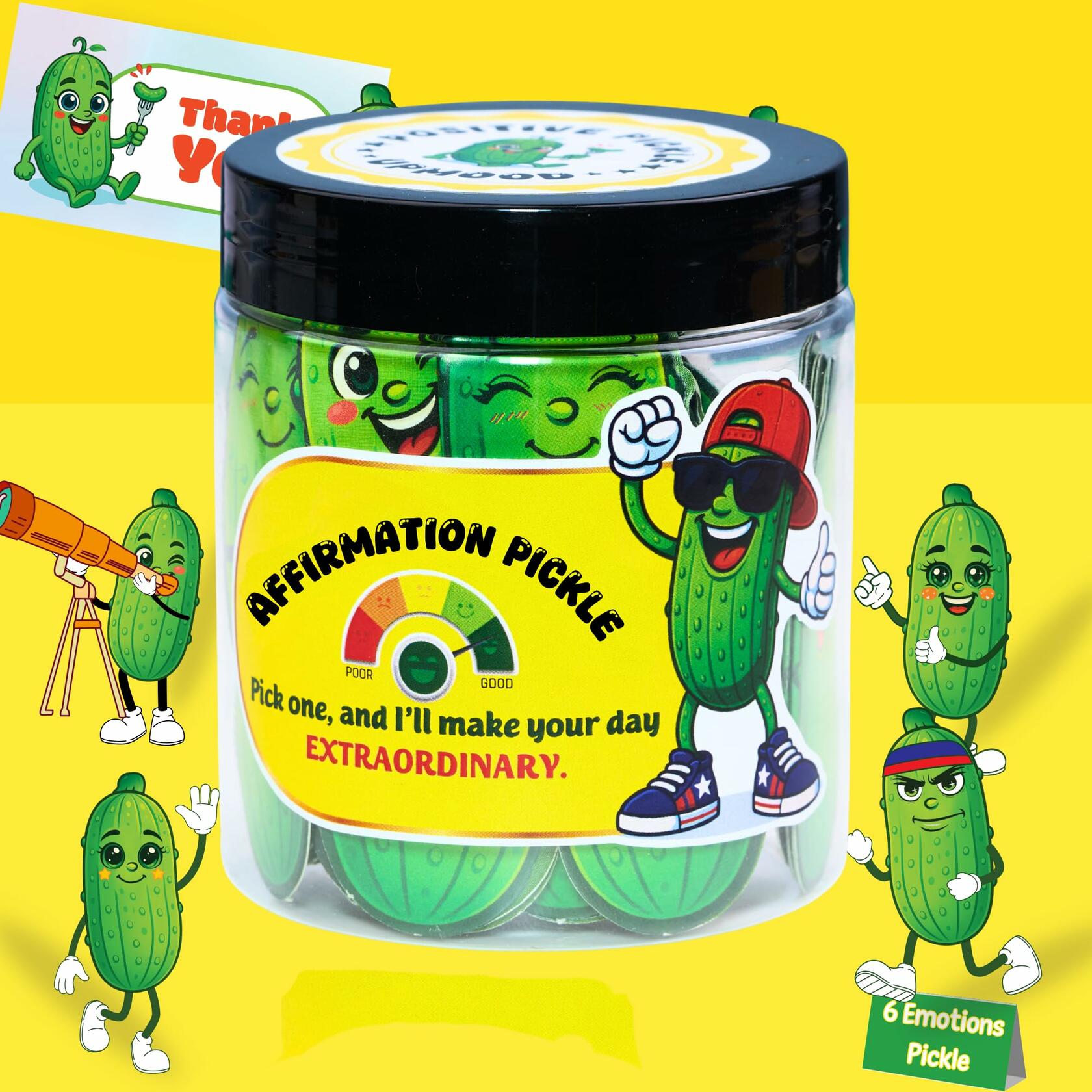 Jar of 'Affirmation Pickle' with cartoon pickle characters on a yellow background